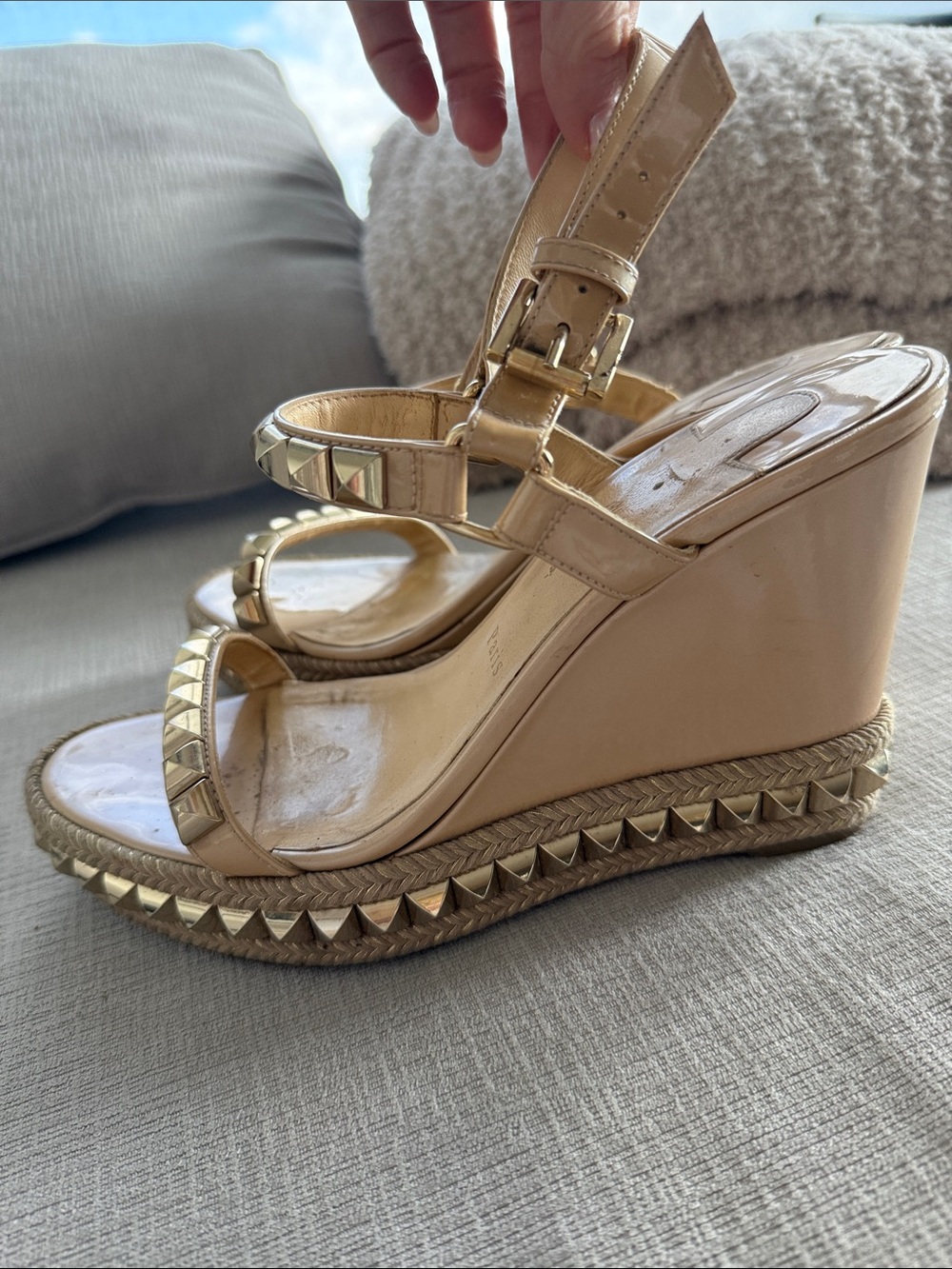 Christian Louboutin Patent Nude Wedge Sandals with Gold Pyramid Studs